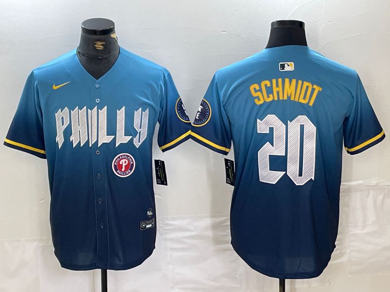 Men Philadelphia Phillies 20 Schmidt Blue City Edition Nike 2024 MLB Jersey style 2
